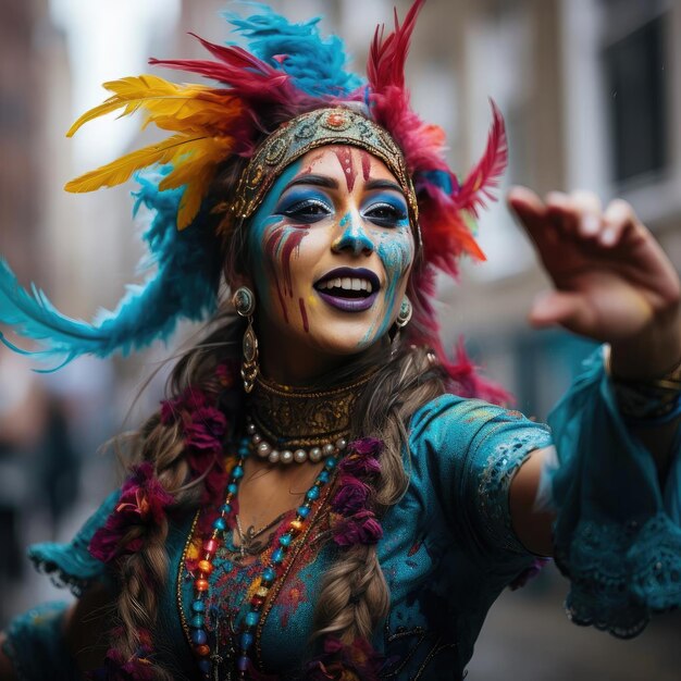 Woman in colorful makeup dancing in the street