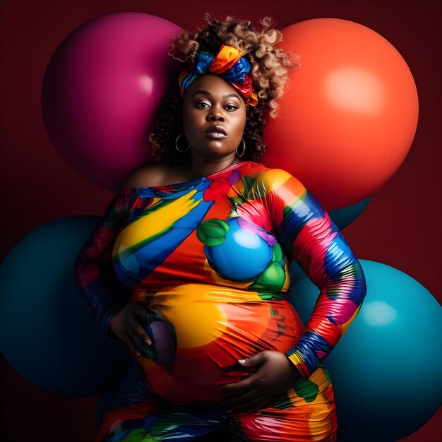 Photo a woman in a colorful outfit is sitting on balloons