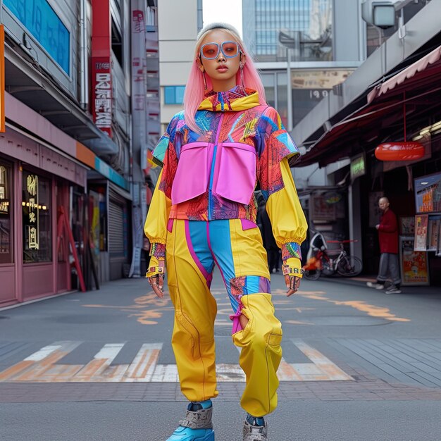 Photo a woman in a colorful outfit is walking down a street