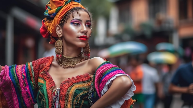 A woman in a colorful outfit stands in front of a crowd.