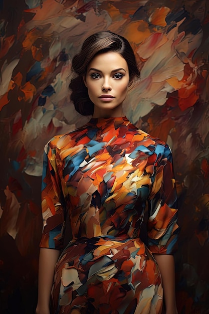 woman in a colorful patterned dress by tamara sasaki in the style of moody tonalism