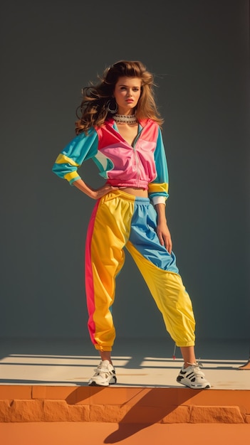 Woman in Colorful Retro Workout Attire Posing