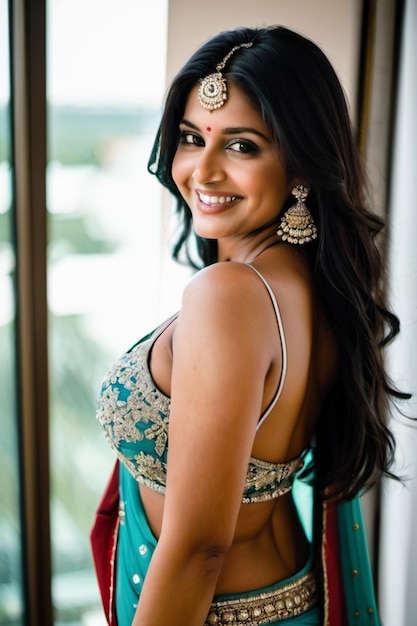 Photo a woman in a colorful sari smiles in front of a window.