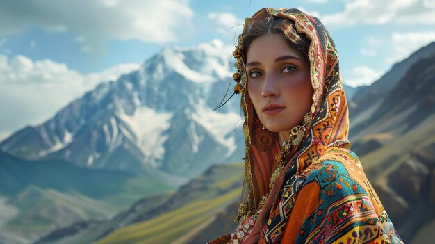 Foto una donna in un sari colorato si trova di fronte a una montagna