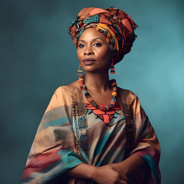 A woman in a colorful scarf and scarf stands in front of a blue background.