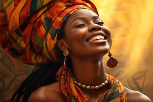 A woman in a colorful scarf smiles and looks up at the sky.