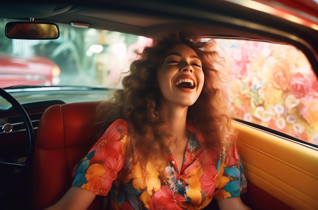 A woman in a colorful shirt is laughing and is sitting in a car.