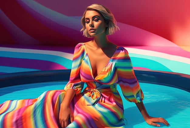 a woman in a colorful shirt and skirt is sitting on top of a pool in the style of synthwave