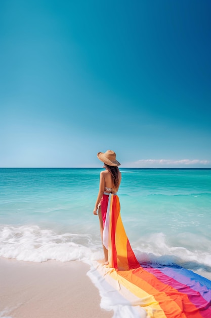 A woman in a colorful striped dress stands on a beach in the caribbean.