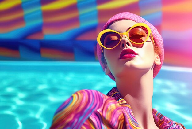 A woman in a colorful wearing a by the pool in the style of photorealistic portraiture