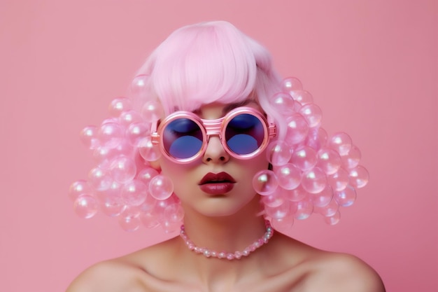 女性のカラフルな創造的な美容アート帽子ファッション ラテックス ポートレート メガネ メイクアップ生成 AI