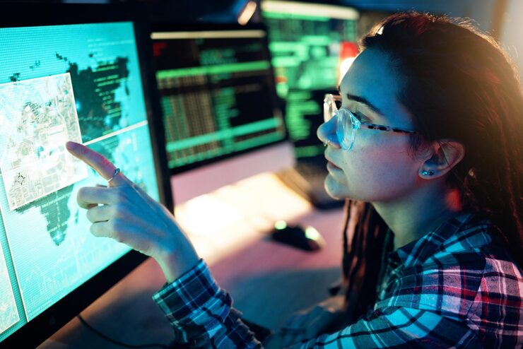Photo woman computer screen and hacker with software data programming or cybersecurity developer it coder and female reading map for hacking location or phishing malware and dark web at night in home