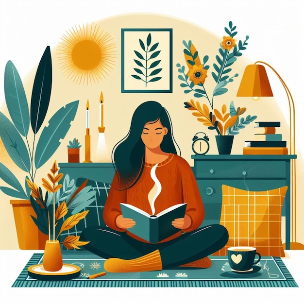 Woman concentrated on the sofa reading in her living room drinking a coffee hygge style