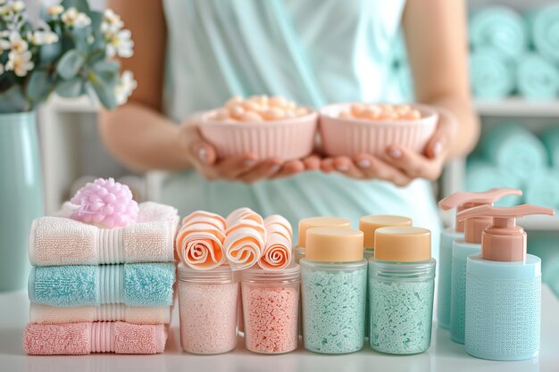 Woman conducting bath accessories indoors using personal care items indepth lovely clear interior design and space Generative AI