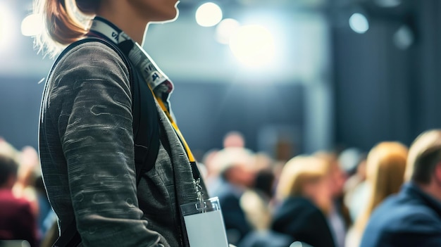 Woman at a conference seen from behind