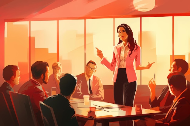 A woman confidently delivers a presentation to a diverse group of attentive individuals A female leader leading a corporate meeting AI Generated