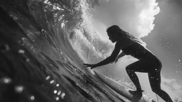 Женщина уверенно едет на волне на доске для серфинга, демонстрируя свое мастерство и равновесие в океане