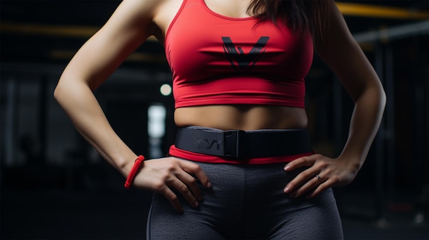 A woman confidently showcases her sculpted waist and toned abdominal muscles in sportswear embodying dedication to fitness and a healthy lifestyle