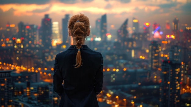 한 여자 는 아래 에 있는 도시 를 내려다 볼 수 있는 마천루 의 가장자리 에 자신감 있게 서 있다
