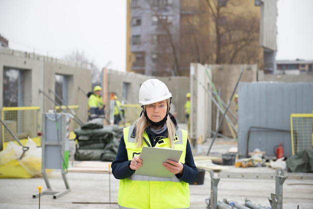 写真 建設現場の女性エンジニアハードヘットをかぶった建築家の労働者が作業の進についてメモを書いています
