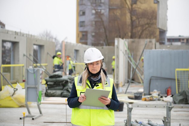 写真 建設現場のエンジニアの女性 ⁇ ハードヘットをかぶった建築家の労働者が作業の進 ⁇ についてメモを書いています ⁇