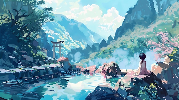 Woman Contemplating Serenity at a Mountain Hot Spring with a Torii Gate in the Distance