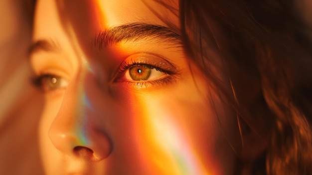 Photo woman contemplative face is bathed in the warm golden hues of sunlight filtered through a prism casting a pattern of light and shadows