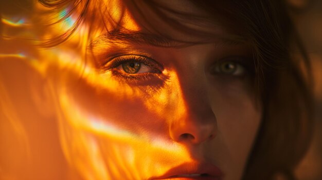 Woman contemplative face is bathed in the warm golden hues of sunlight filtered through a prism casting a pattern of light and shadows