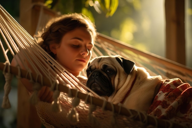 Woman contentedly napping with her pug in a hammock during a lazy summer day