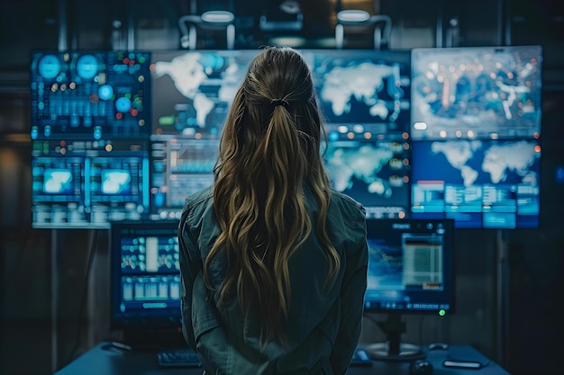 Photo woman in control room monitors servers with advanced technology for cybersecurity company concept female it professional cybersecurity technology server monitoring control room