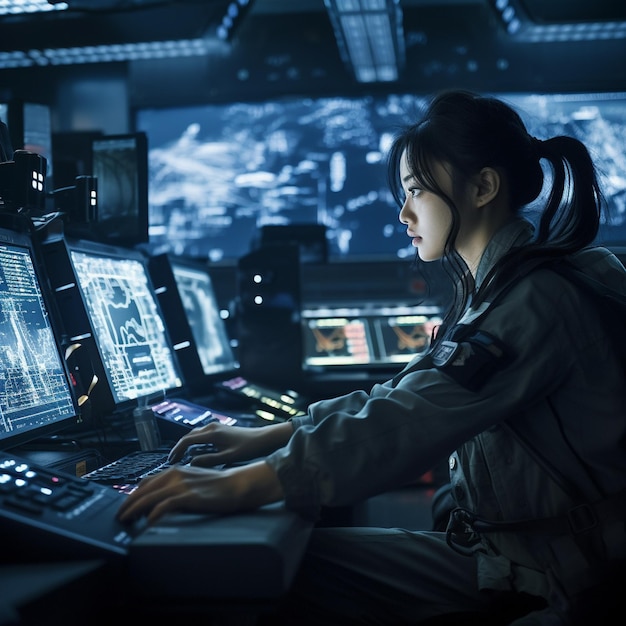 a woman in a control room with a computer screen that says " power ".