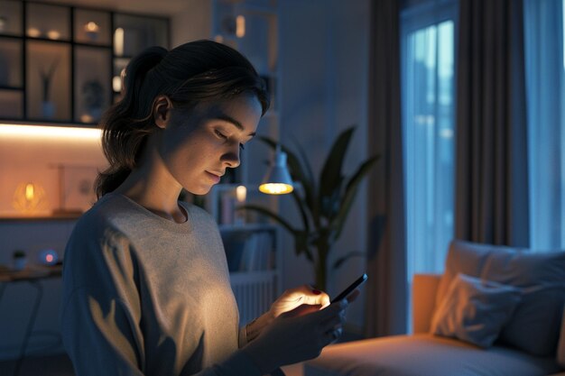 Photo woman controlling smart lighting with smartphone a