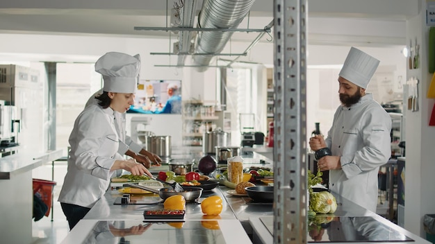 Cuoco della donna che aggiunge gli ingredienti organici in padella sul fornello