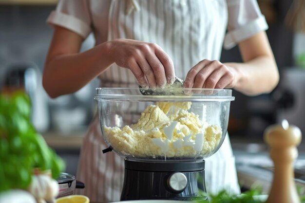 Photo woman cook turning on button of food processor for kneading dough closeup