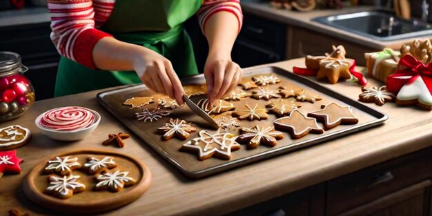 Foto donna che cucina biscotti di natale e pan di zenzero in cucina