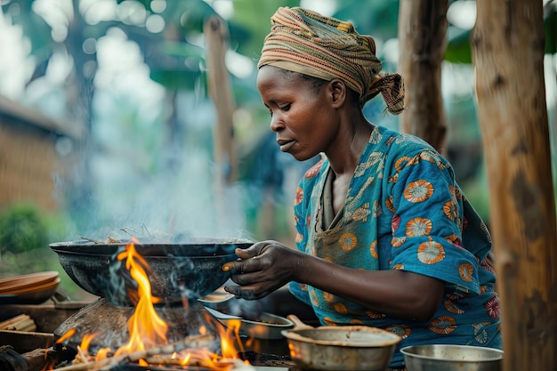 a woman cooking over a fire with a pot of fire