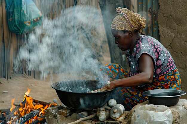 a woman cooking food in a camp fire