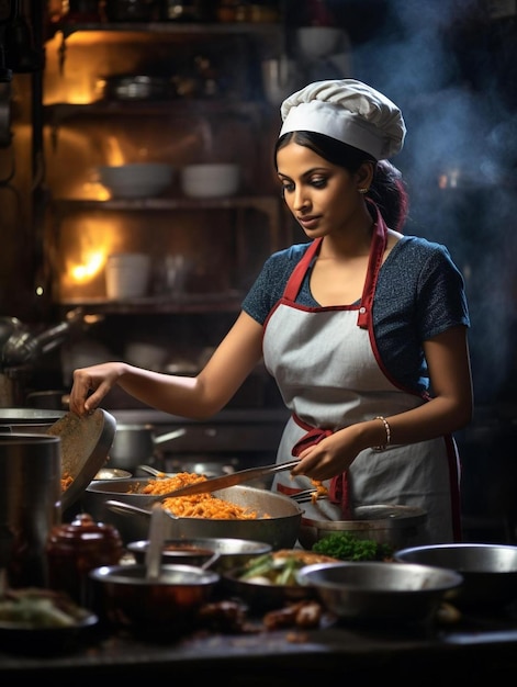 A woman cooking food in a kitchen with a fire behind her.