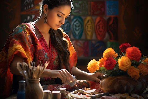 a woman cooking food with flowers on a wall background