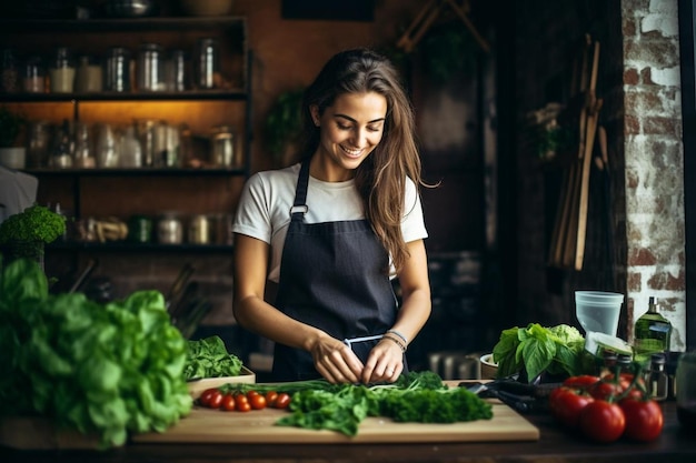 Woman cooking in a kitchen with abundant food