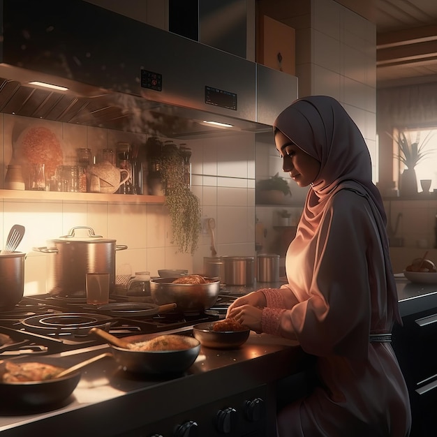 a woman cooking in a kitchen with a pot of food