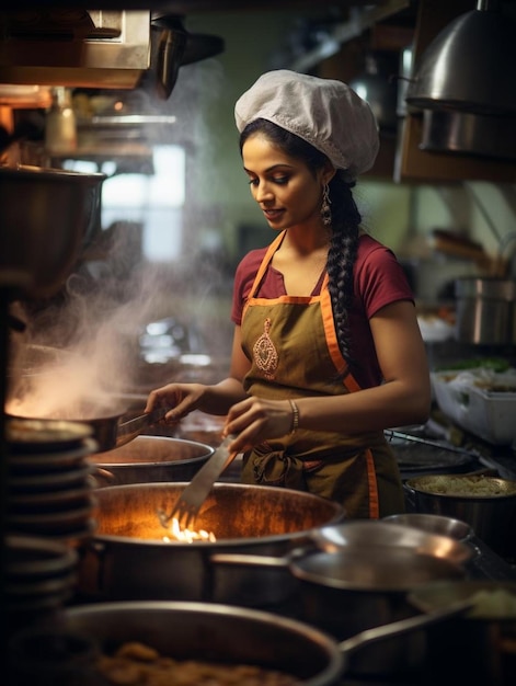 Photo a woman cooking in a kitchen with a red apron on.