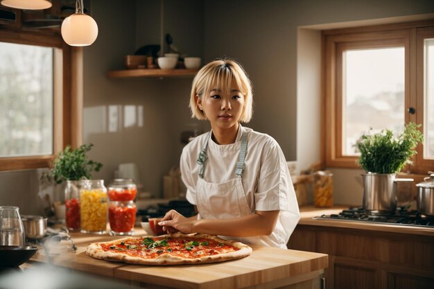 Woman cooking pizza in domestic kitchen with kitchen utensils