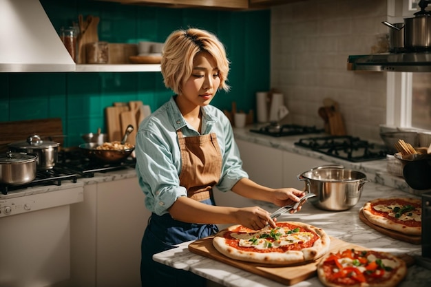 Woman cooking pizza in domestic kitchen with kitchen utensils