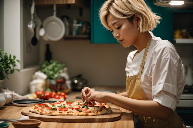 家庭用キッチンで台所用品を使ってピザを作る女性