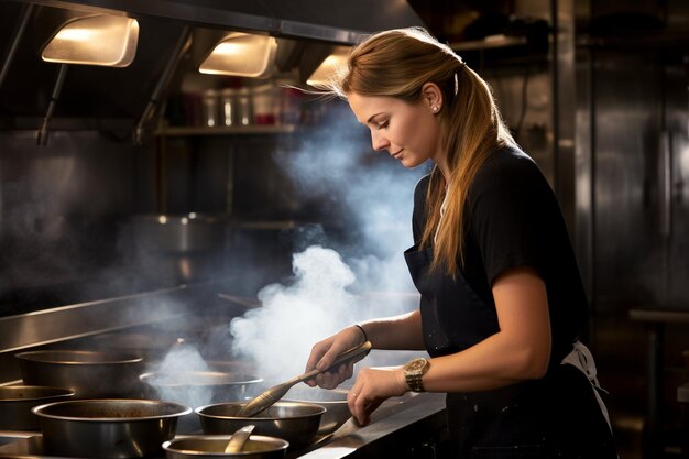 Photo woman cooking vegetables on pan