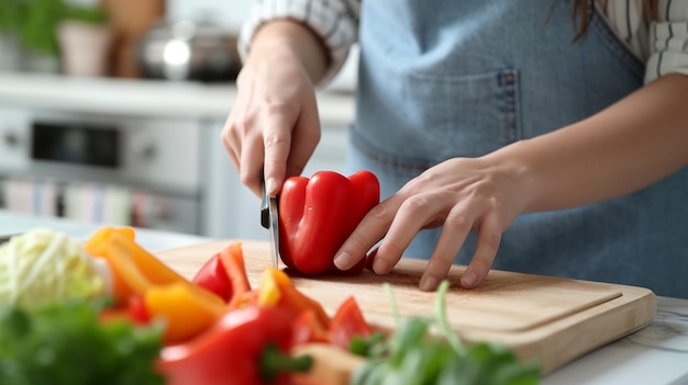 woman cooking vegetables on the table in the kitchen high quality photo