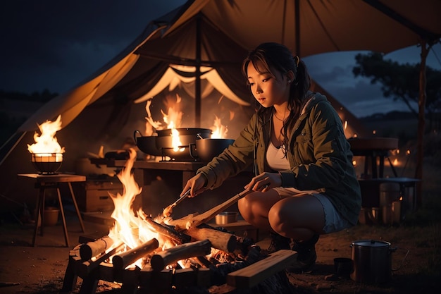 Photo woman cooking with fire wood and braai equipment by night tent and chairs in the foreground adventures in