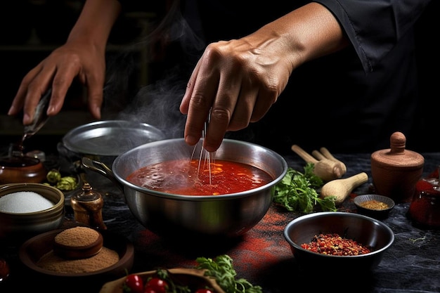 a woman cooks food in a pan with tomatoes and herbs.