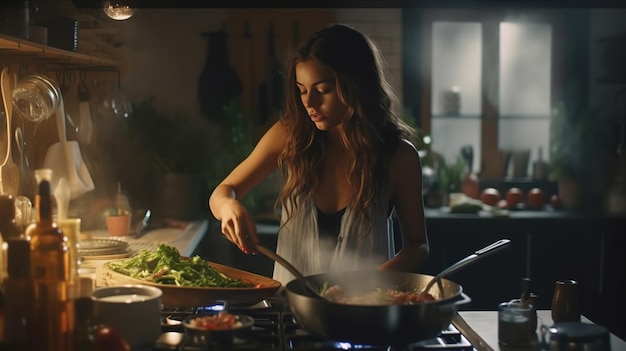 Photo a woman cooks in a kitchen with a pan of food on the stove.